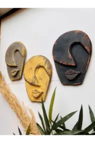 Soyut Tasarım El Yapımı Duvar Dekoru Renkli Taş Maske BÜYÜK 3'lü Set, Dekor Mask, 3D Duvar Heykeli - Görsel 4