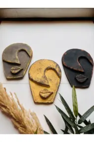 Soyut Tasarım El Yapımı Duvar Dekoru Renkli Taş Maske BÜYÜK 3'lü Set, Dekor Mask, 3D Duvar Heykeli - Görsel 8