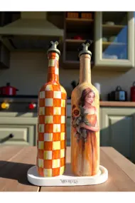 750 ml El Yapımı Turuncu Ayçiçeği ve Dama Desenli 2’li Dekoratif Cam Yağdanlık Seti – Sunum Standlı - Görsel 8