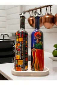 Afro Kadın ve Mozaik Desenli Özel Tasarım Yağdanlık-Sirkelik Sosluk Seti- Ev ve Mutfak Dekor - Görsel 4