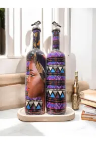 Afrikalı Kadın ve Geometrik Desenli Özel Tasarım Yağdanlık-Sirkelik Sosluk Seti- Ev ve Mutfak Dekor - Görsel 2