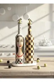 750 ml El Yapımı Siyah Beyaz kadın ve Dama Desenli 2’li Dekoratif Cam Yağdanlık Seti – Sunum Standlı - Görsel 2