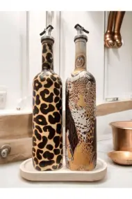 Leopar Desenli Zeytinyağı Sıvıyağ Şişesi Yağdanlık Yağlık, Sirkelik, Sosluk 2'li Set, Ev dekoru