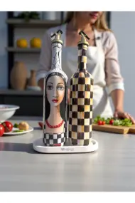 750 ml El Yapımı Siyah Beyaz kadın ve Dama Desenli 2’li Dekoratif Cam Yağdanlık Seti – Sunum Standlı - Görsel 3