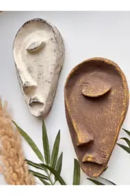 Özel Tasarım El Yapımı Heykel Soyut Yarım Yüz Maske 2'li Set, Duvar Dekor, Modern Ev ve Ofis Dekoru - Görsel 2