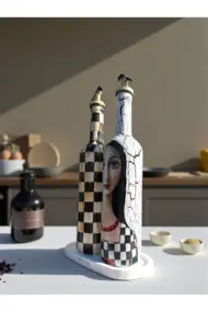 750 ml El Yapımı Siyah Beyaz kadın ve Dama Desenli 2’li Dekoratif Cam Yağdanlık Seti – Sunum Standlı - Görsel 6