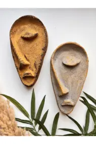 Özel Tasarım El Yapımı Heykel Soyut Yarım Yüz Maske 2'li Set, Duvar Dekor, Modern Ev ve Ofis Dekoru