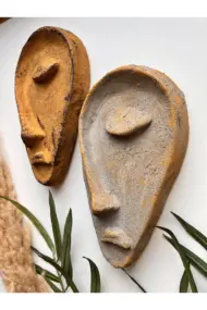Özel Tasarım El Yapımı Heykel Soyut Yarım Yüz Maske 2'li Set, Duvar Dekor, Modern Ev ve Ofis Dekoru - Görsel 2