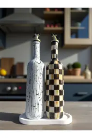 750 ml El Yapımı Siyah Beyaz kadın ve Dama Desenli 2’li Dekoratif Cam Yağdanlık Seti – Sunum Standlı - Görsel 7