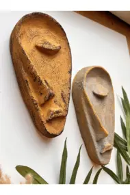 Özel Tasarım El Yapımı Heykel Soyut Yarım Yüz Maske 2'li Set, Duvar Dekor, Modern Ev ve Ofis Dekoru - Görsel 3