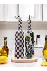 Mavi Kareli ve Kaktüs Desenli Özel Tasarım Yağdanlık-Sirkelik-Sosluk Seti – Şık Ev ve Mutfak Dekoru