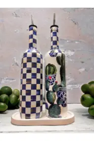 Mavi Kareli ve Kaktüs Desenli Özel Tasarım Yağdanlık-Sirkelik-Sosluk Seti – Şık Ev ve Mutfak Dekoru - Görsel 4