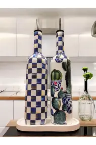 Mavi Kareli ve Kaktüs Desenli Özel Tasarım Yağdanlık-Sirkelik-Sosluk Seti – Şık Ev ve Mutfak Dekoru - Görsel 5