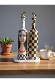 750 ml El Yapımı Siyah Beyaz kadın ve Dama Desenli 2’li Dekoratif Cam Yağdanlık Seti – Sunum Standlı - Görsel 8