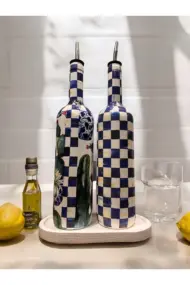 Mavi Kareli ve Kaktüs Desenli Özel Tasarım Yağdanlık-Sirkelik-Sosluk Seti – Şık Ev ve Mutfak Dekoru - Görsel 6