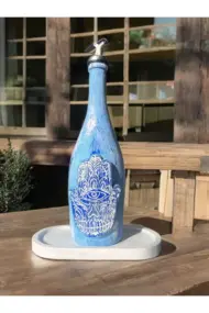 Mavi Boyalı Şans ve Bereket Simgesi Fatma'nın Eli Desenli Cam Şişe Sosluk-Yağdanlık, Mutfak Dekoru