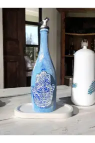 Mavi Boyalı Şans ve Bereket Simgesi Fatma'nın Eli Desenli Cam Şişe Sosluk-Yağdanlık, Mutfak Dekoru - Görsel 2