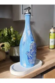 Mavi Boyalı Şans ve Bereket Simgesi Fatma'nın Eli Desenli Cam Şişe Sosluk-Yağdanlık, Mutfak Dekoru - Görsel 4