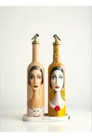 750 ml El Yapımı Çatlatma Desenli Cam Yağdanlık Seti – Kedi Figürlü , Mutfak Dekor