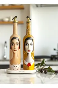 750 ml El Yapımı Çatlatma Desenli Cam Yağdanlık Seti – Kedi Figürlü , Mutfak Dekor - Görsel 2