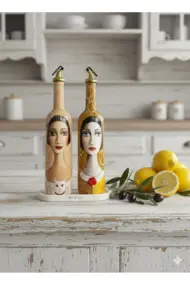 750 ml El Yapımı Çatlatma Desenli Cam Yağdanlık Seti – Kedi Figürlü , Mutfak Dekor - Görsel 3