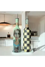 Kadın Desenli ve Kareli 750 ml Zeytinyağı Sıvıyağ Şişesi Yağdanlık Yağlık Sirkelik Sosluk 2'li Set - Görsel 8