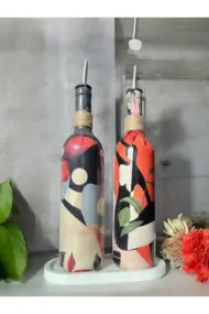 Yerli Kadın Desenli Yağdanlık Seti, Sosluk ve Sirkelik Seti, 750 ml Zeytinyağı Sıvıyağ Şişesi Set