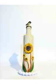 500 ml El Yapımı Ayçiçek Desenli Cam Yağdanlık – Çatlatma Dokulu, Kabartma Kil Uygulamalı