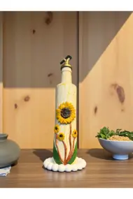 500 ml El Yapımı Ayçiçek Desenli Cam Yağdanlık – Çatlatma Dokulu, Kabartma Kil Uygulamalı - Görsel 2