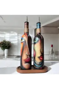 Özel Tasarım Renkli Yüz Desenli 750 ml Zeytinyağı Sıvıyağ Şişesi, Yağdanlık, Yağlık, Sosluk 2'li Set - Görsel 5