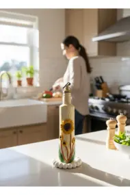 500 ml El Yapımı Ayçiçek Desenli Cam Yağdanlık – Çatlatma Dokulu, Kabartma Kil Uygulamalı - Görsel 3