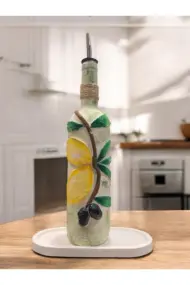 El yapımı Kabartma Kil Uygulamalı Zeytin ve Limon Desenli Cam Şişe Sirkelik-Yağdanlık, Mutfak dekor