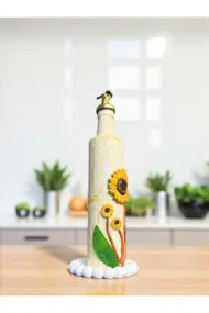 500 ml El Yapımı Ayçiçek Desenli Cam Yağdanlık – Çatlatma Dokulu, Kabartma Kil Uygulamalı - Görsel 4