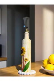 500 ml El Yapımı Ayçiçek Desenli Cam Yağdanlık – Çatlatma Dokulu, Kabartma Kil Uygulamalı - Görsel 5