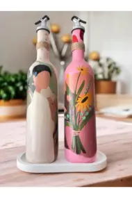 Yerli Kadın ve Pembe Çiçek Motifli Özel Tasarım Yağdanlık-Sirkelik Sosluk Seti Ev-Mutfak Dekoru