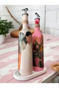 Yerli Kadın ve Pembe Çiçek Motifli Özel Tasarım Yağdanlık-Sirkelik Sosluk Seti Ev-Mutfak Dekoru - Görsel 2