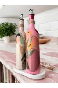 Yerli Kadın ve Pembe Çiçek Motifli Özel Tasarım Yağdanlık-Sirkelik Sosluk Seti Ev-Mutfak Dekoru - Görsel 3