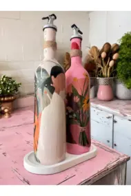 Yerli Kadın ve Pembe Çiçek Motifli Özel Tasarım Yağdanlık-Sirkelik Sosluk Seti Ev-Mutfak Dekoru - Görsel 7