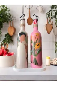 Yerli Kadın ve Pembe Çiçek Motifli Özel Tasarım Yağdanlık-Sirkelik Sosluk Seti Ev-Mutfak Dekoru - Görsel 8