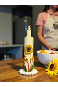 500 ml El Yapımı Ayçiçek Desenli Cam Yağdanlık – Çatlatma Dokulu, Kabartma Kil Uygulamalı - Görsel 8