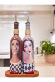El Yapımı Ekoseli Kadın 750 ml Zeytinyağı Sıvıyağ Şişesi Yağdanlık Yağlık Sirkelik Sosluk 2'li Set