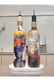 Renkli Kadın Tasarımlı 750 ml Zeytinyağı Sıvıyağ Şişesi Yağdanlık Yağlık Sirkelik Sosluk 2'li Set