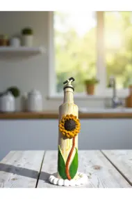 500 ml El Yapımı Orta boy Ayçiçek Desenli Cam Yağdanlık – Çatlatma Dokulu, Kabartma Kil Uygulamalı