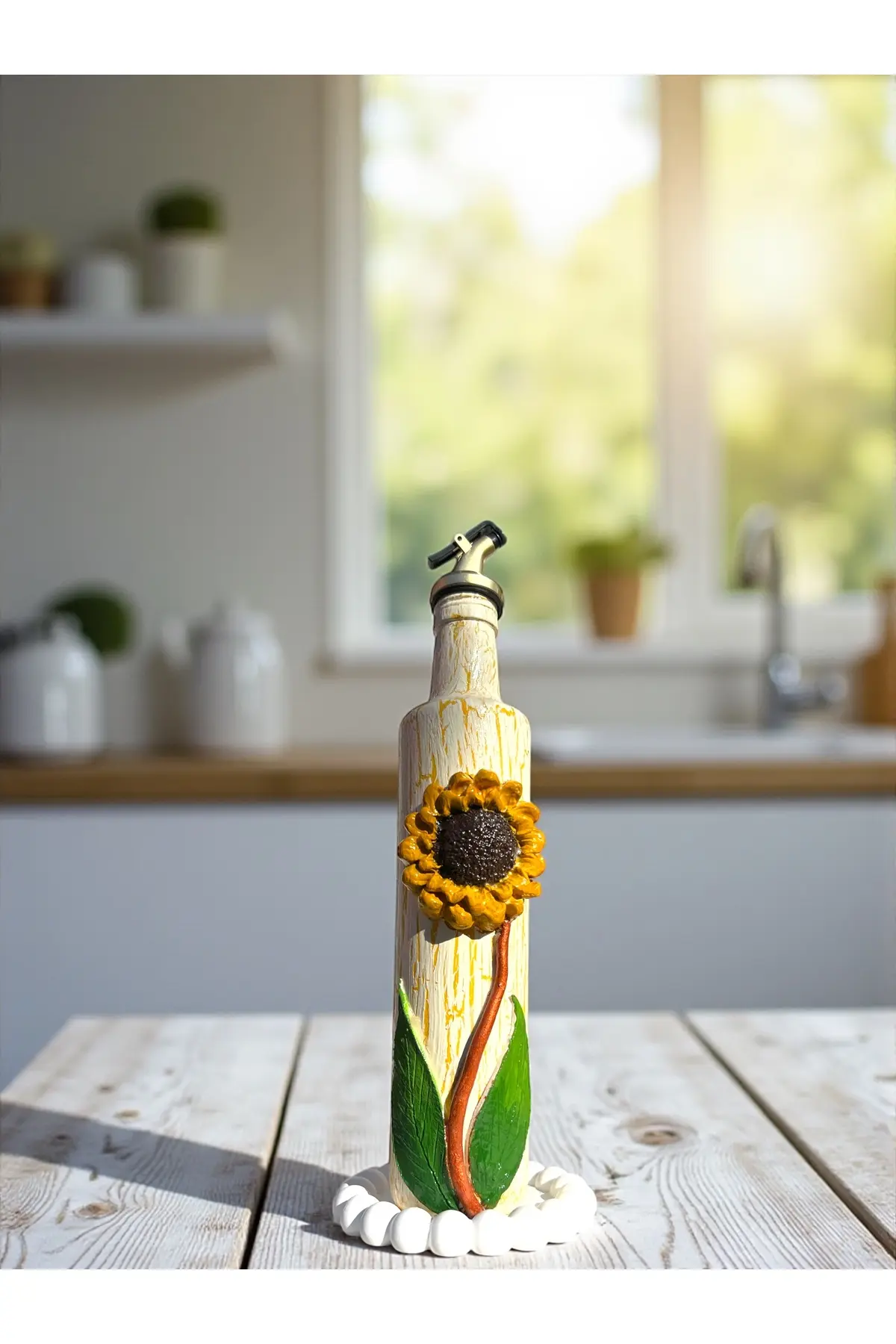 58975hgtrewz-img-1_org_zoom 500 ml El Yapımı Orta boy Ayçiçek Desenli Cam Yağdanlık – Çatlatma Dokulu, Kabartma Kil Uygulamalı - Görsel 1