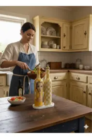 750 ml El Yapımı Sarı Portre ve Dama Desenli 2’li Dekoratif Cam Yağdanlık Seti – Sunum Standlı - Görsel 3