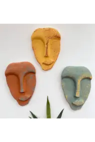 El Yapımı Taş Heykel Soyut Yüz Maske 3'li Set, Modern beton, eskitme taş görünümlü duvar dekor