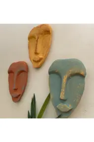 El Yapımı Taş Heykel Soyut Yüz Maske 3'li Set, Modern beton, eskitme taş görünümlü duvar dekor - Görsel 2