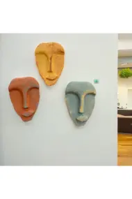 El Yapımı Taş Heykel Soyut Yüz Maske 3'li Set, Modern beton, eskitme taş görünümlü duvar dekor - Görsel 4