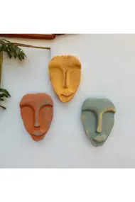 El Yapımı Taş Heykel Soyut Yüz Maske 3'li Set, Modern beton, eskitme taş görünümlü duvar dekor - Görsel 5