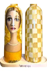 750 ml El Yapımı Sarı Portre ve Dama Desenli 2’li Dekoratif Cam Yağdanlık Seti – Sunum Standlı - Görsel 4